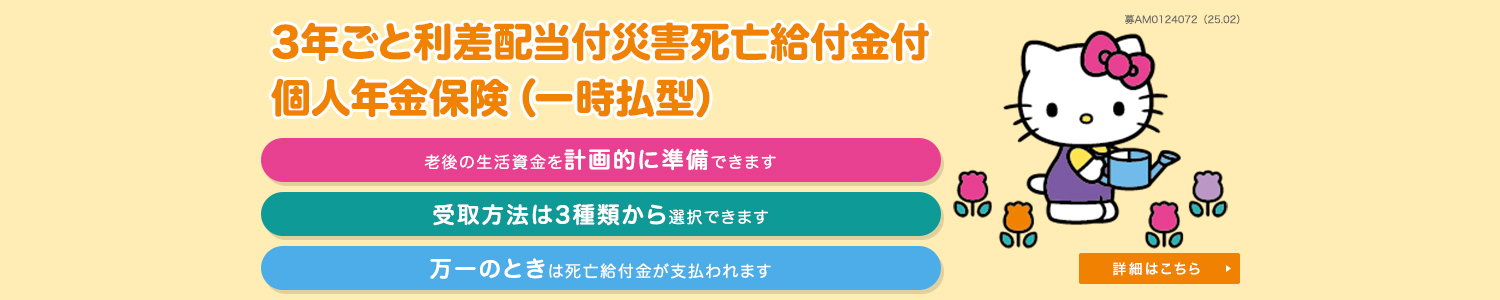 ３年ごと利差配当付災害死亡給付金付個人年金保険（一時払型） 老後の生活資金を計画的に準備できます 受取方法は3種類から選択できます 万一のときは死亡給付金が支払われます